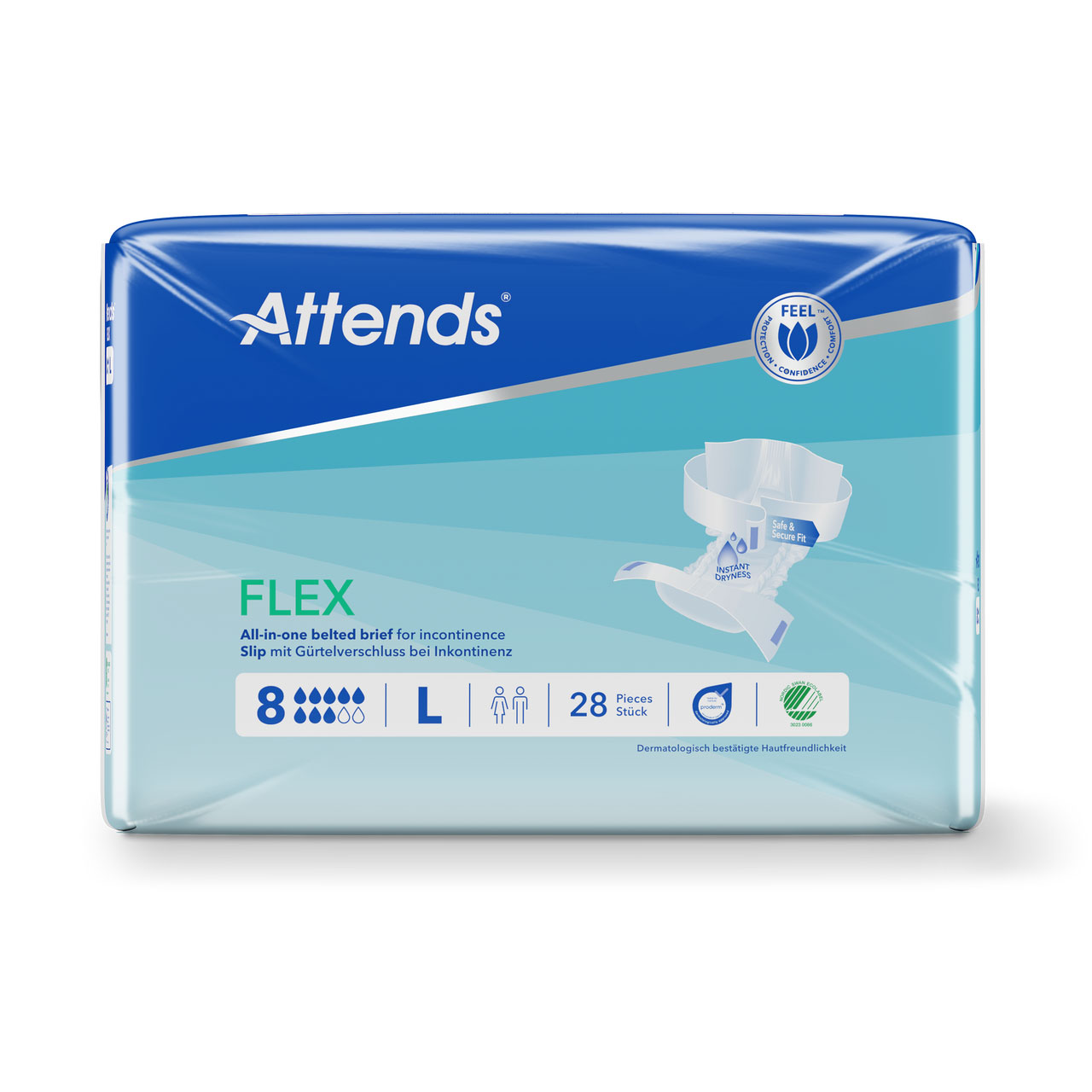 Attends FLEX, ein All-in-One-Gürtelbrief für Inkontinenz, zeigt eine Verpackung in Blau und Weiß. Die Packung enthält 28 Stück, Größe L, mit symbolischen Darstellungen zur Verwendung und dermatologischer Hautfreundlichkeit.
