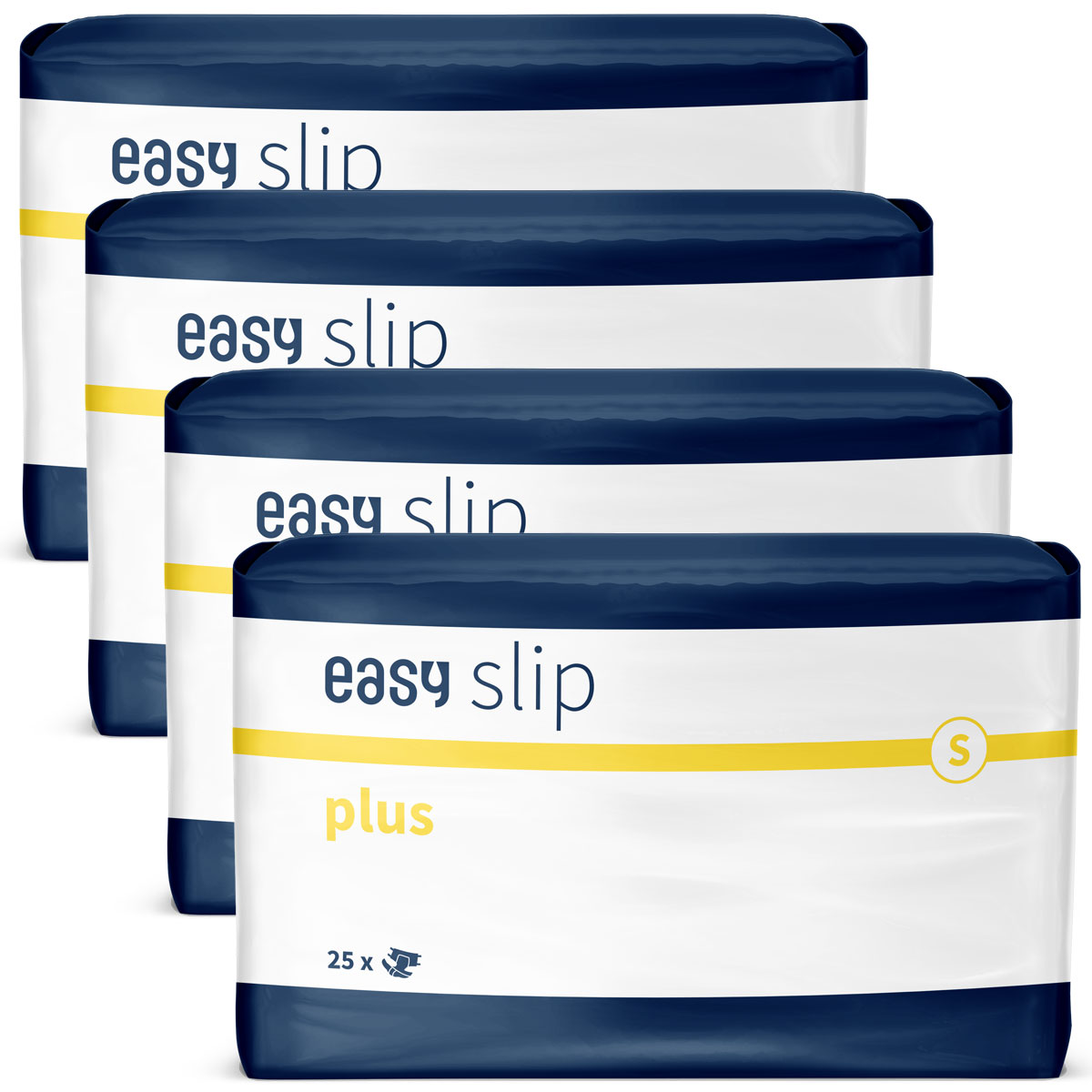 Vier Packungen mit Inkontinenzprodukten -easy slip plus- in der Größe S, gestapelt. Auf den Packungen sind der Produktname, die Größe und die Anzahl von 25 Stück pro Packung in klarer Schrift abgebildet.
