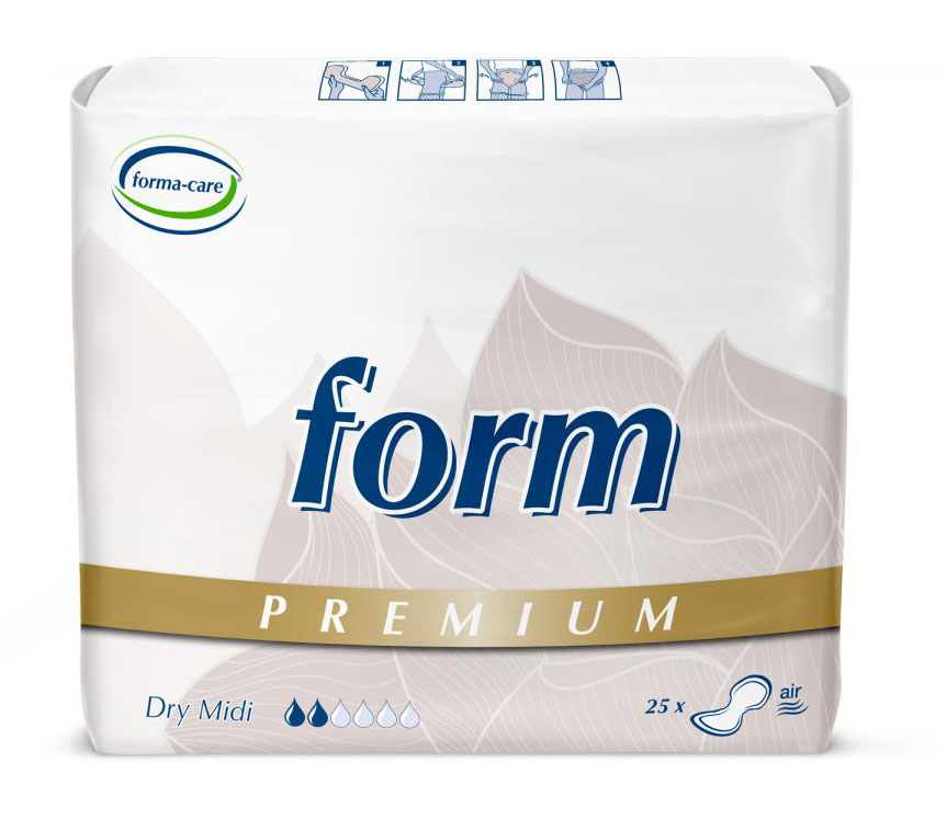 Eine Packung mit Inkontinenzprodukten steht im Vordergrund. Die Verpackung ist überwiegend weiß mit blauen und goldenen Schriftzügen. Oben sind mehrere Symbole und eine Beschreibung sichtbar. Es sind 25 Stück enthalten.