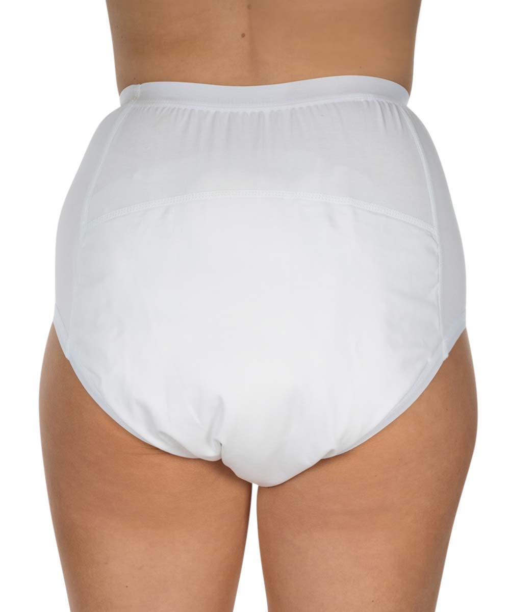 Weiße, elastische Inkontinenzhose, die den Rücken und die Oberschenkelpartie bedeckt. Die Hose hat einen weichen Bund und einen nahtlosen Rückenschnitt, präsentiert auf einem neutralen Hintergrund.