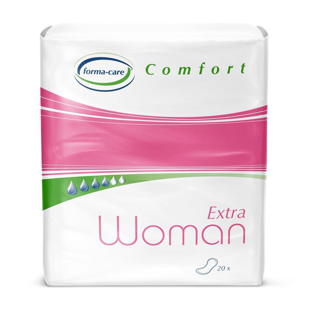 Ein Verpackungsbeutel für spezielle Inkontinenzprodukte mit dem Markennamen -forma-care-. Die Tüte zeigt die Begriffe -Comfort-, -Extra- und -Woman- in pink und enthält 20 Stück.