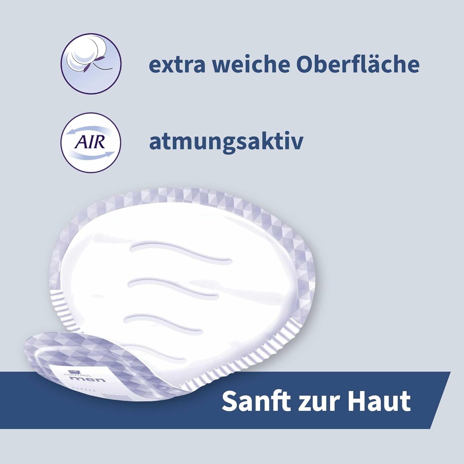 Ein Einweg-Inkontinenzprodukt ist abgebildet. Es hat eine extra weiche Oberfläche und ist atmungsaktiv. Im Hintergrund sind Hinweise zu den Eigenschaften in klarer Schrift platziert: -Sanft zur Haut-.
