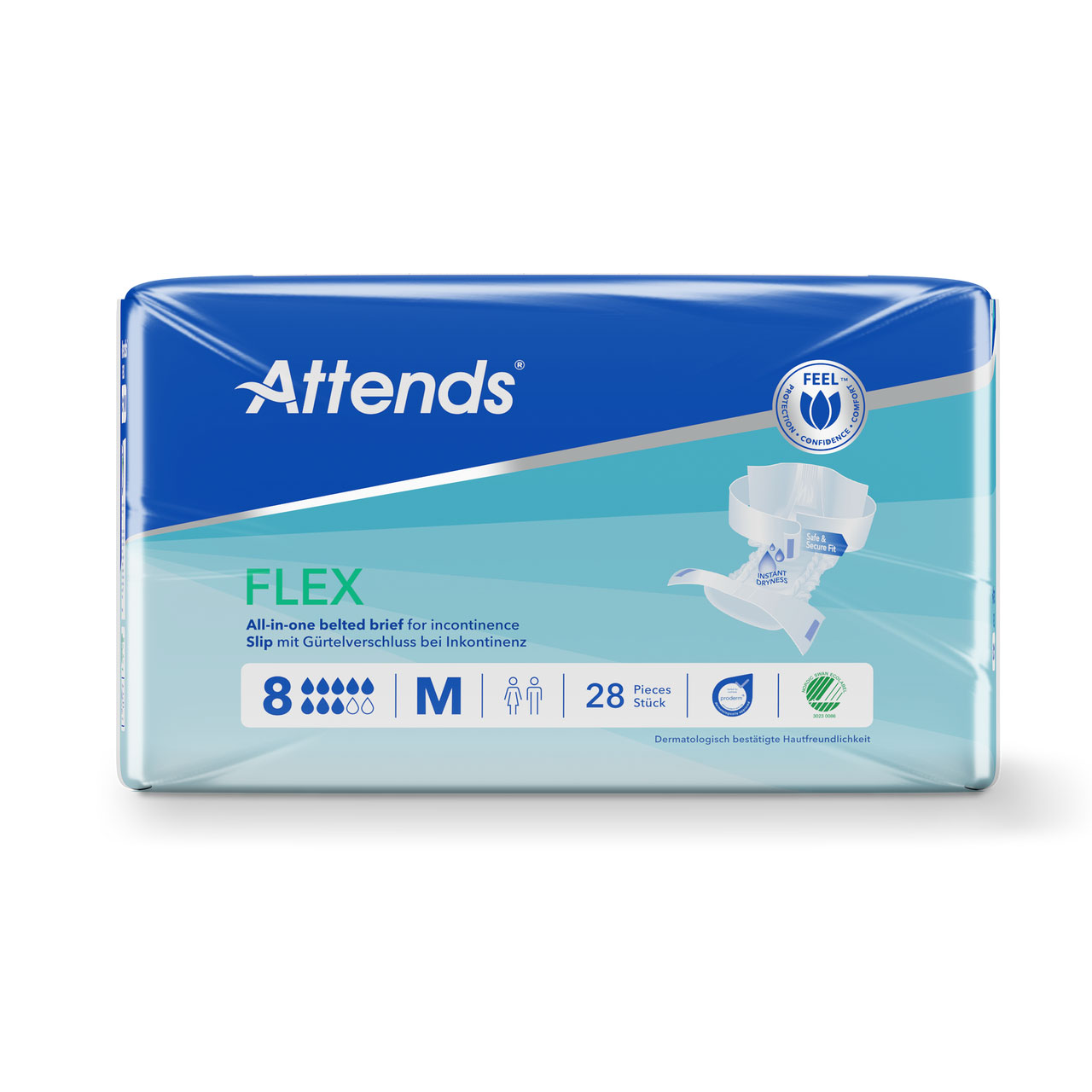 Attends FLEX ist eine Packung mit 28 Inkontinenzprodukten (Größe M). Die Verpackung zeigt eine klare Darstellung des Produkts mit Informationen zur Nutzung und dermatologischen Verträglichkeit.