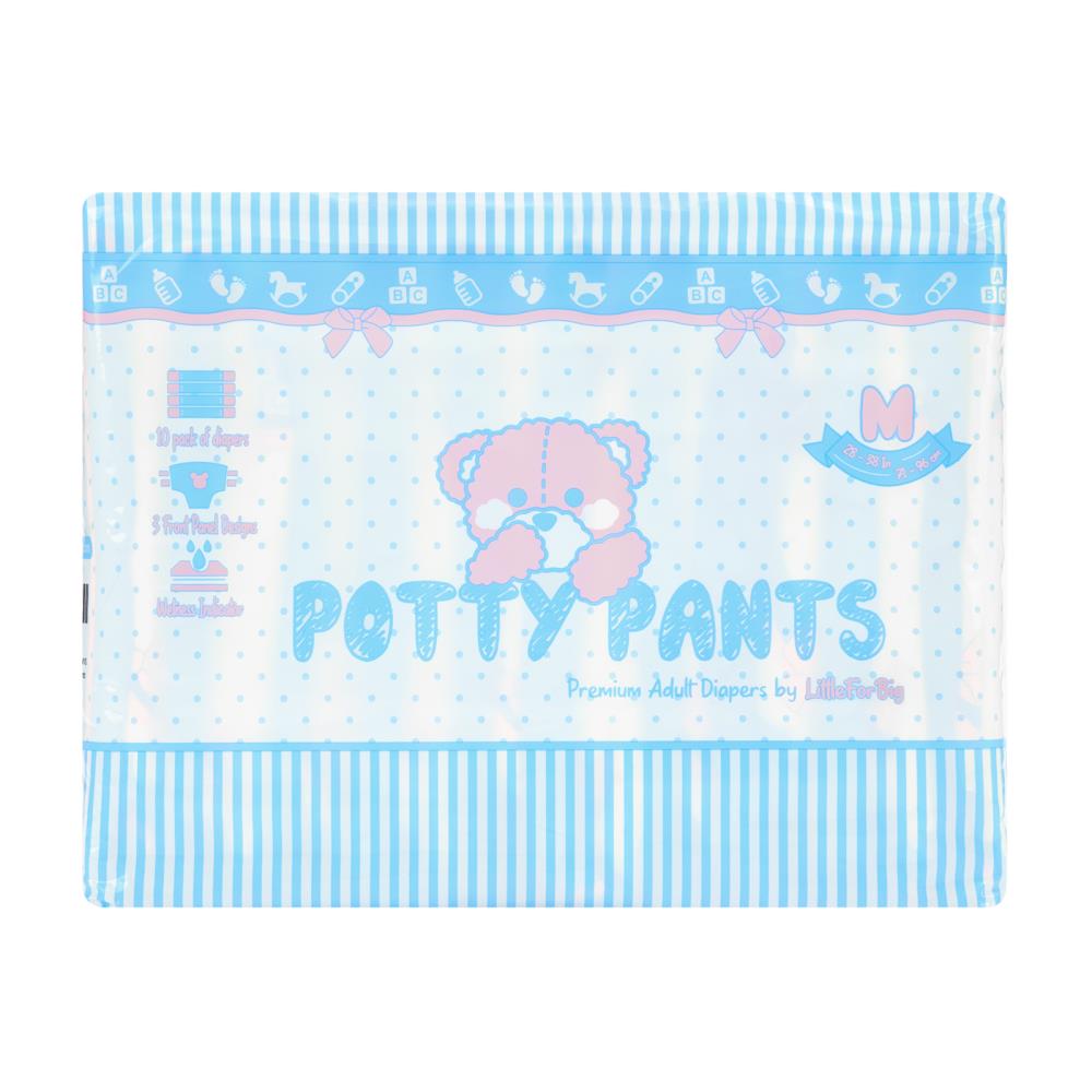 Ein Packung mit Erwachsenenwindeln in pastellblauem Design. Die Vorderseite zeigt ein niedliches Bärenmotiv mit dem Schriftzug -POTTY PANTS- und enthält Informationen zu den Produkten.