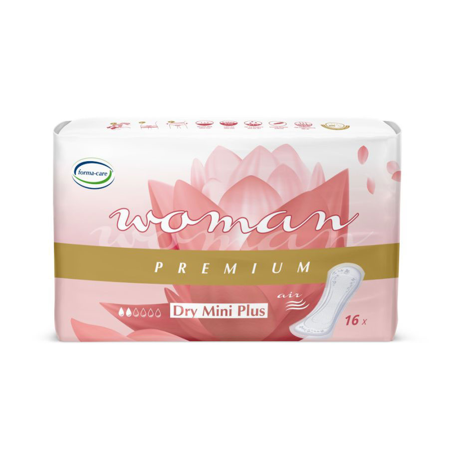 Packung mit Inkontinenzprodukten, beschriftet mit -woman PREMIUM Dry Mini Plus- und -16 x-. Die Verpackung zeigt ein blütenähnliches Design in Rosa und enthält das Logo -forma-care-.