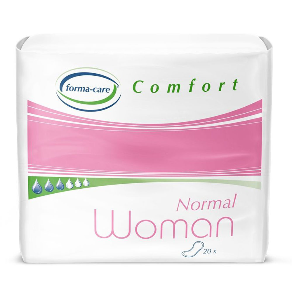 Packung mit Hygieneprodukten, weiß mit rosa und grünen Akzenten. Auf der Vorderseite steht -Normal Woman- und -20 x-. Enthält Informationen über die Produkteigenschaften, wie z.B. Feuchtigkeitsschutz.