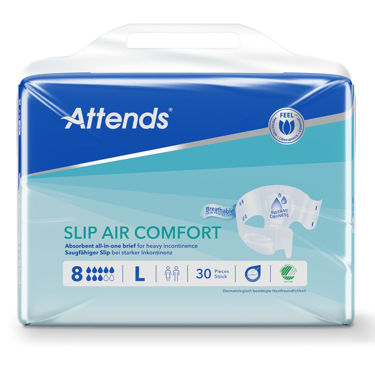 Attends Slip Air Comfort ist eine Verpackung mit saugfähigen Einmalbriefen für starke Inkontinenz. Die Packung enthält 30 Stück in der Größe L und bietet atmungsaktiven Hautschutz.
