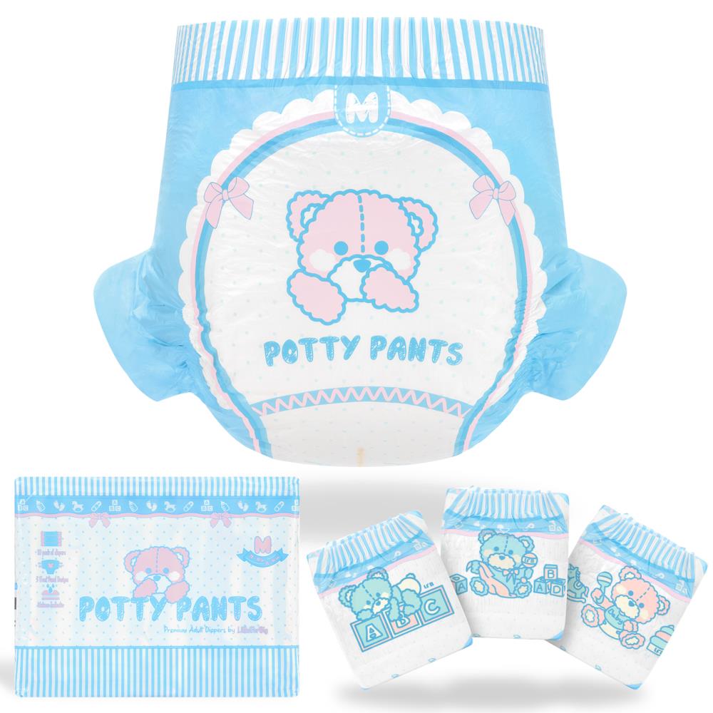 Blaue Windel mit einem süßen Bärenmotiv und dem Aufdruck -POTTY PANTS-. Im Hintergrund sind Verpackungen von ähnlichen Windeln in verschiedenen Größen abgebildet, alle mit bunten Designs.