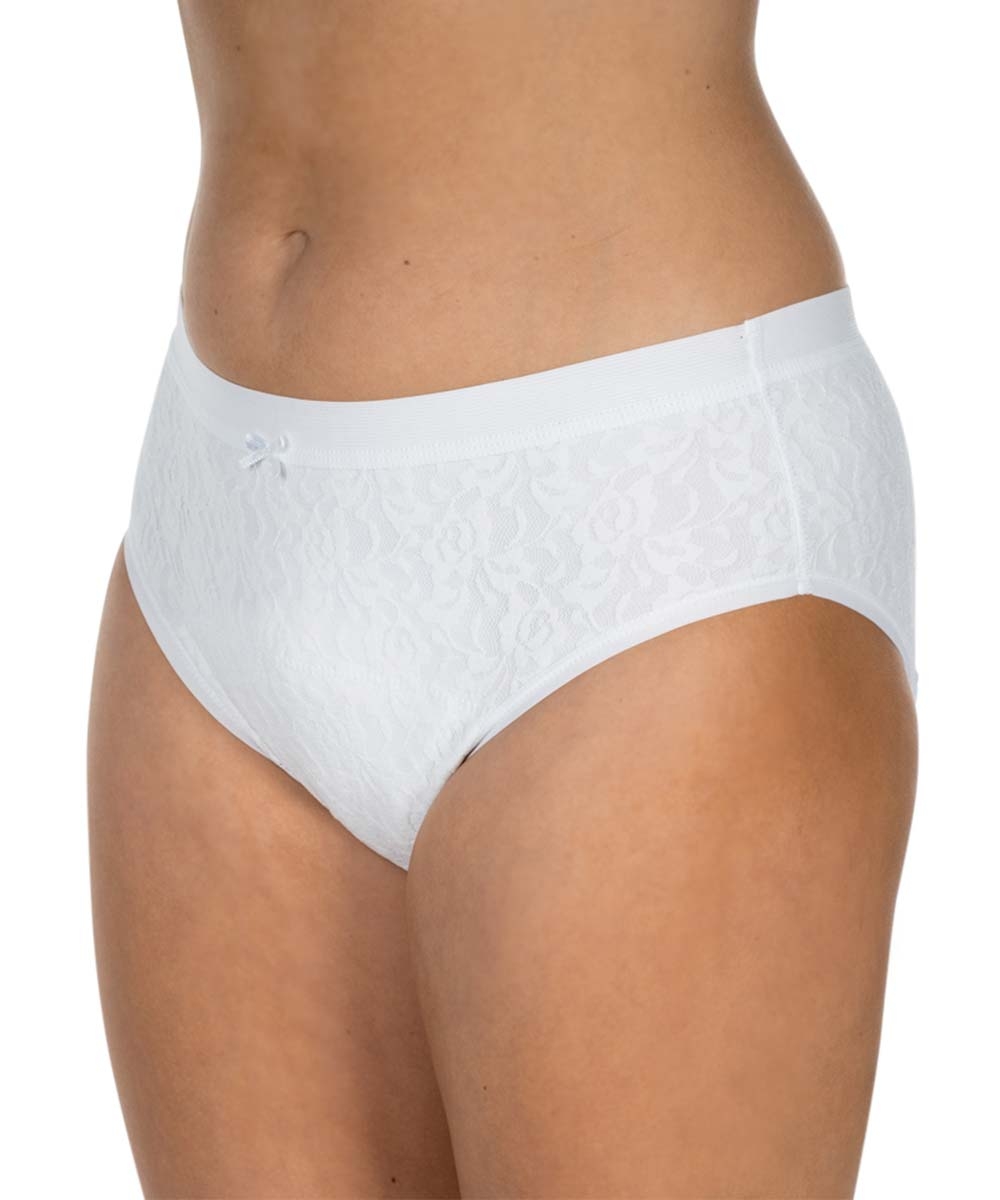 Weißer Slip mit Blumenmuster, sitzt komfortabel an der Hüfte, mit einem kleinen Schleifen-Detail am Bund. Der Hintergrund ist neutral und hebt das Produkt hervor.