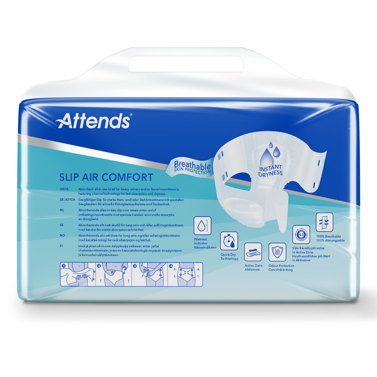 Saugfähige Windeln befinden sich in einer transparenten Verpackung mit einem Tragegriff. Der Vordergrund zeigt Informationen wie -Breathable Skin Protection- und -Instant Dryness- sowie verschiedene Nutzungshinweise.
