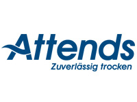 Attends ist ein Markenname in blauer Schrift, ergänzt durch den Slogan -Zuverlässig trocken-. Das Design ist einfach und klar, geeignet für Produkte im Gesundheits- und Pflegebereich.