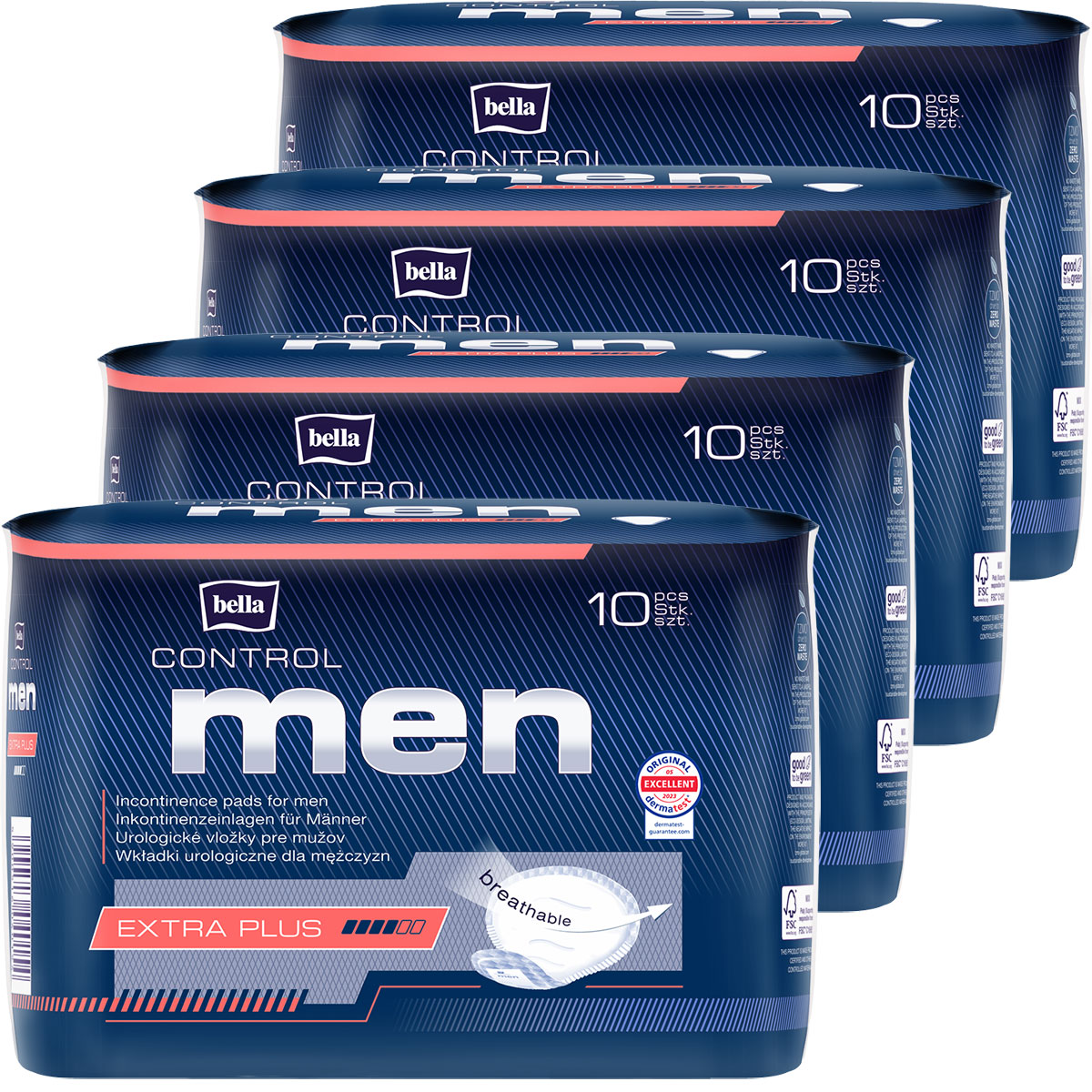 Vier Packungen mit Inkontinenzeinlagen für Männer der Marke Bella CONTROL MEN. Jede Packung enthält 10 Stück und ist als -EXTRA PLUS- gekennzeichnet. Die Verpackungen sind in Blau und Rot gehalten.
