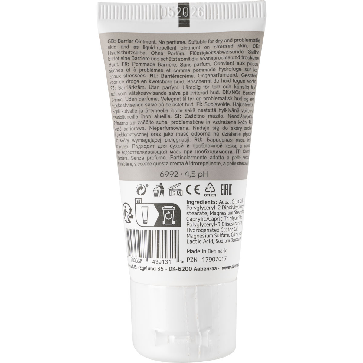 Eine Tube mit einer Barrier Salbe, ohne Duft, für trockene und problematische Haut. Der Text erwähnt Inhaltsstoffe, wie Aqua und verschiedene Ester, sowie Verwendungshinweise. Verpackt in einem neutralen Hintergrund.
