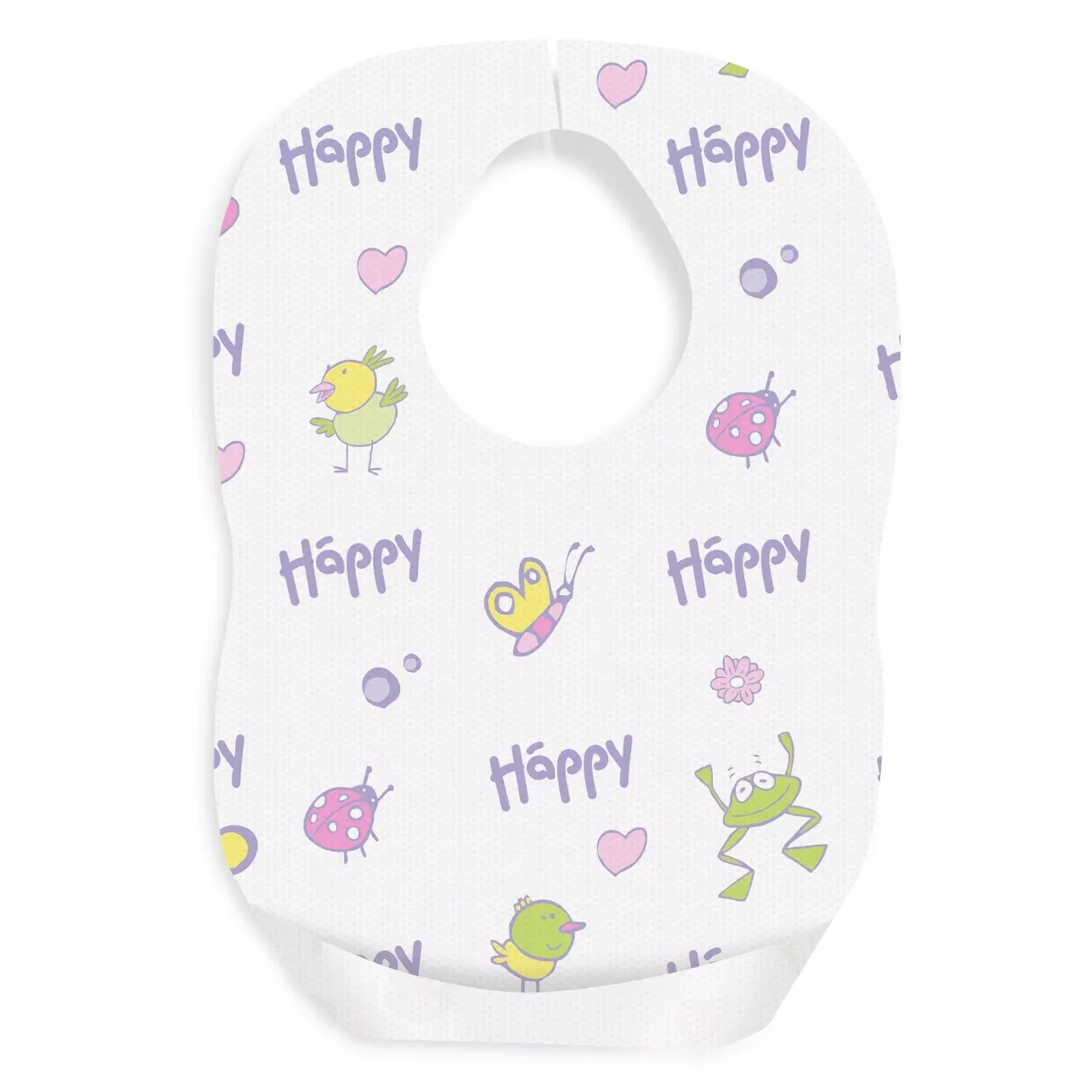 Ein Kinderlätzchen aus weißem Material, verziert mit bunten Motiven wie einem Vogel, einem Marienkäfer und Schmetterlingen. Mehrere -Happy--Schriftzüge in lila. Das Lätzchen hat eine Aussparung für den Kopf.