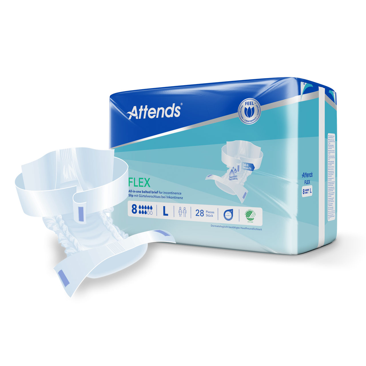 Attends FLEX, ein Inkontinenzprodukt, ist in einer blauen, leicht glänzenden Verpackung zu sehen. Ein Teil der Windel ist nach außen geklappt, um die Form zu zeigen. Die Verpackung enthält 28 Stück in Größe L.