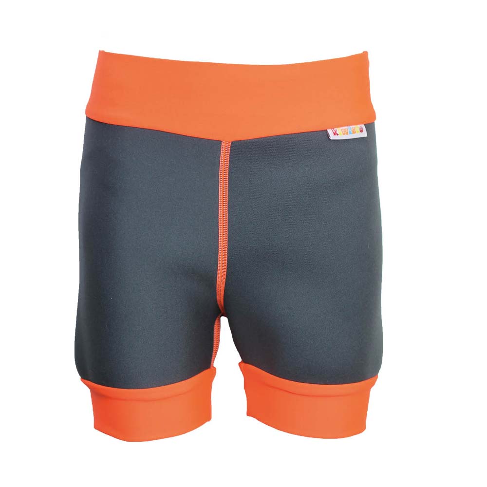 Hose in dunkelgrau mit orangefarbener Taillen- und Beinabschlusskante. Die Shorts sind aus einem elastischen Material gefertigt und bieten eine bequeme Passform für den Wassersport oder Schwimmen.