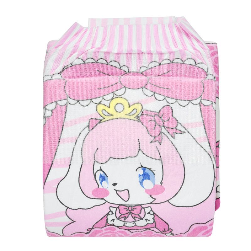 Ein gefaltetes Produkt zeigt ein Design mit einer cartoonhaften Figur in rosa mit einer Krone. Der Hintergrund ist in Streifenmuster gehalten, das in hellen Farbtönen gehalten ist.