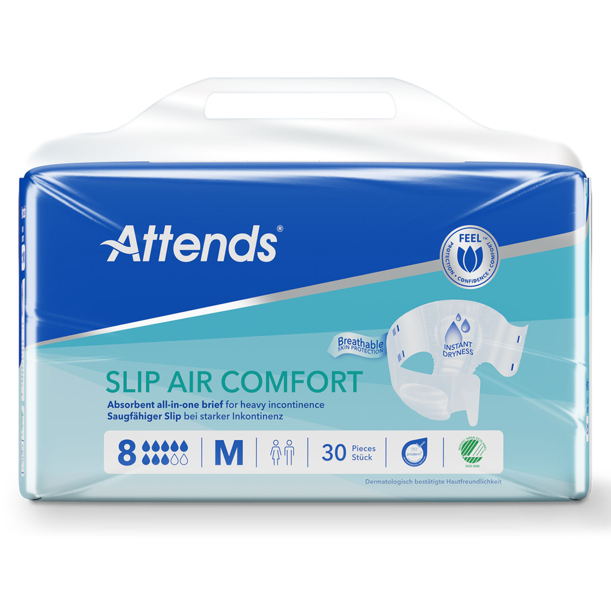 Ein Packung Attends Slip Air Comfort für schwere Inkontinenz. Die Verpackung zeigt eine blaue Grundfarbe mit weißen und silbernen Akzenten. Es sind 30 Stück enthalten, Größe M, mit Hinweisen auf atmungsaktiven Schutz und sofortige Trockenheit.