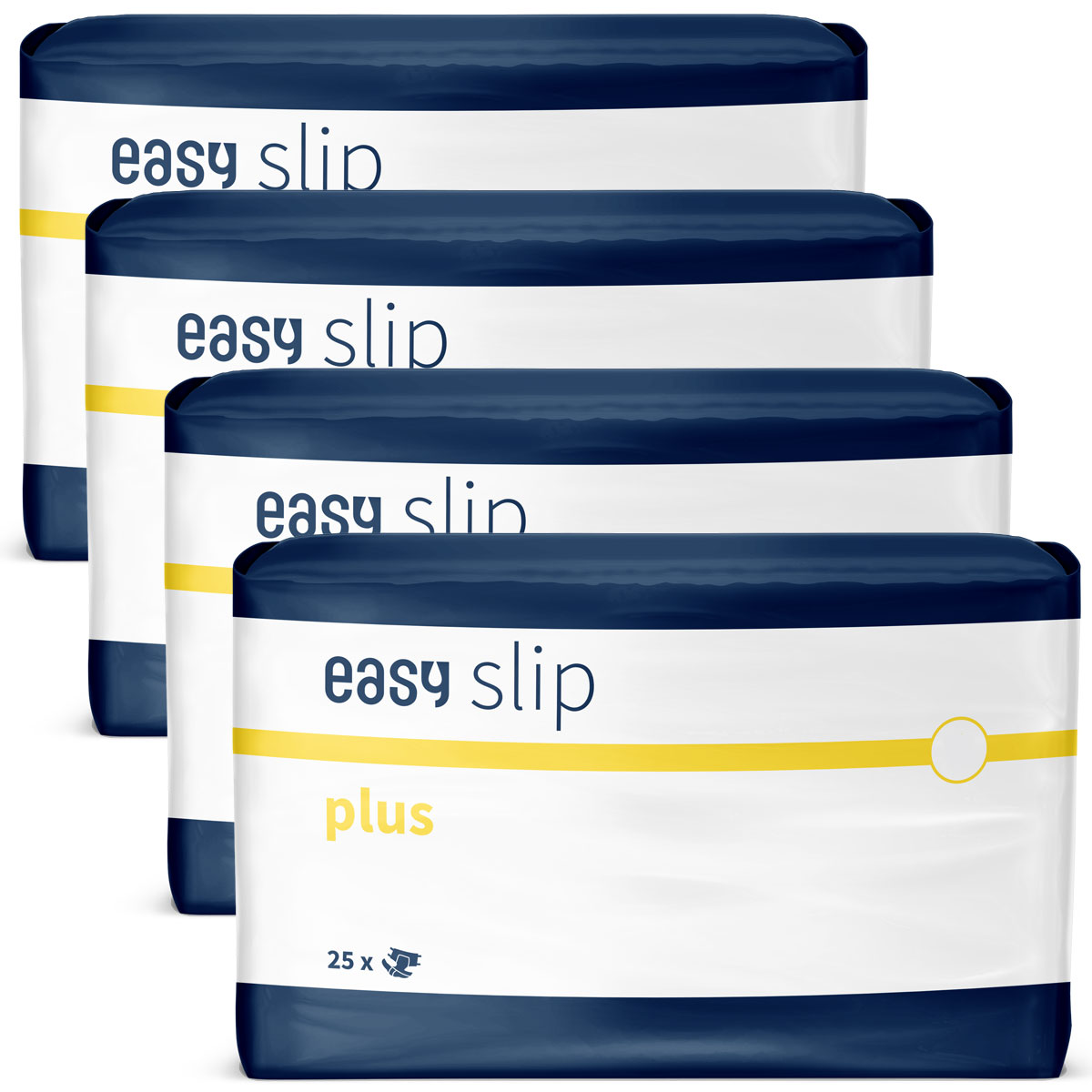 Vier Verpackungen von -easy slip plus- stehen nebeneinander. Jede Packung zeigt ein weiß-blaues Design mit gelbem Streifen und der Aufschrift -25 x-. Der Hintergrund ist einfarbig und neutral.