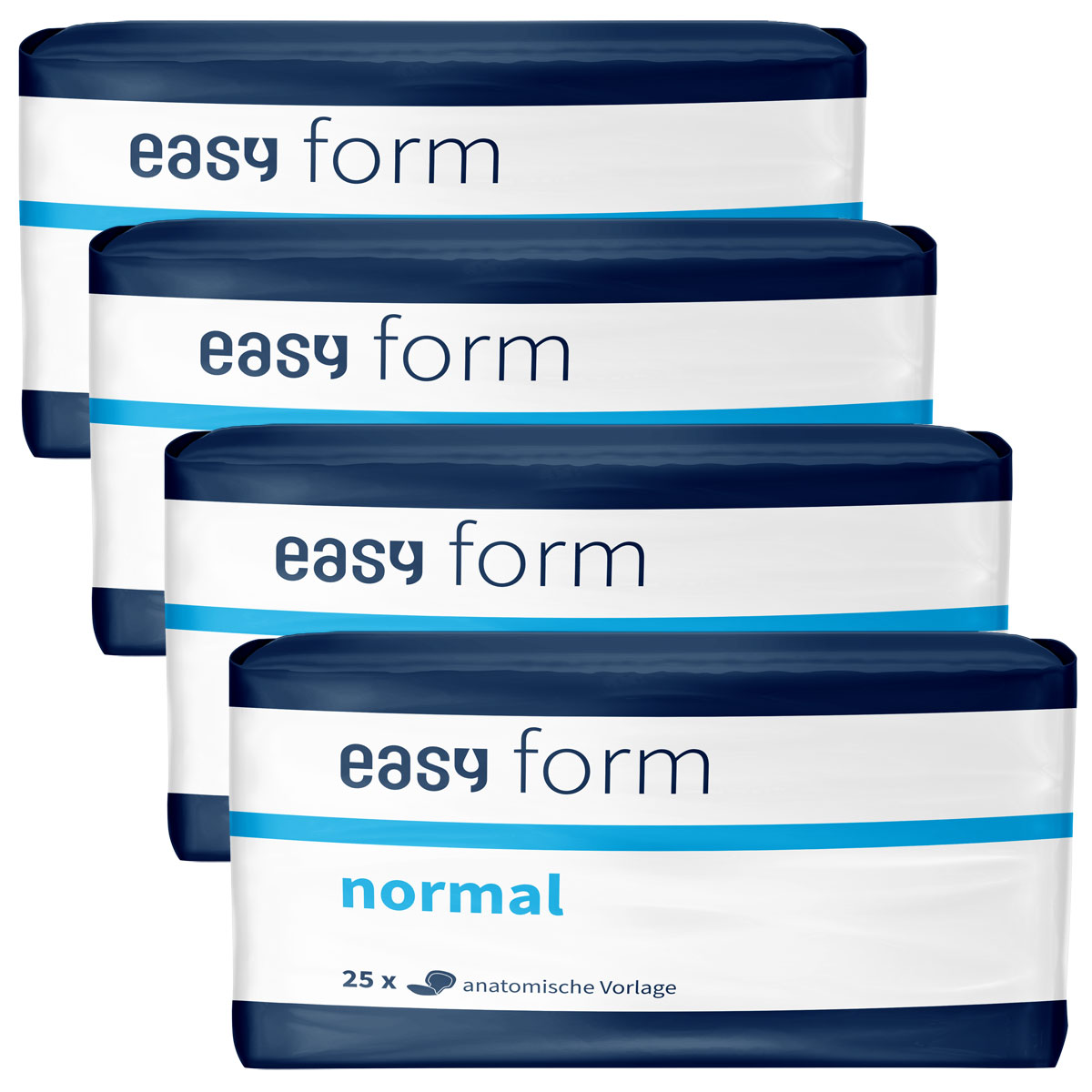 Vier Packungen mit dem Produkt -easy form-, das als -normal- gekennzeichnet ist, zeigen eine anatomische Vorlage. Jede Packung enthält 25 Stück. Die Verpackungen haben ein überwiegend weißes Design mit blauen Akzenten.