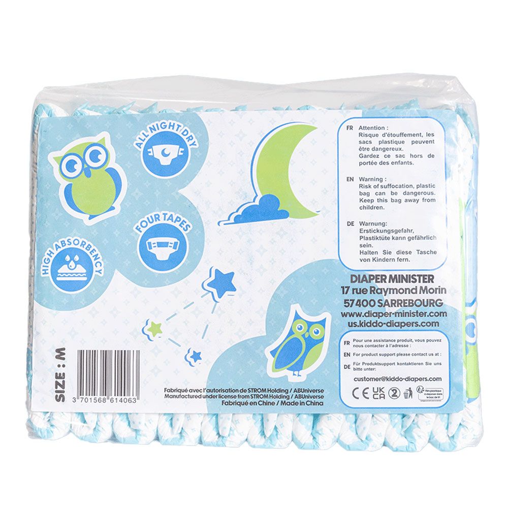 Eine Packung Windeln in Größe M ist abgebildet, versehen mit niedlichen Illustrationen von einer Eule, Mond und Sternen. Die Verpackung enthält Sicherheitswarnungen und Produktinformationen in mehreren Sprachen.