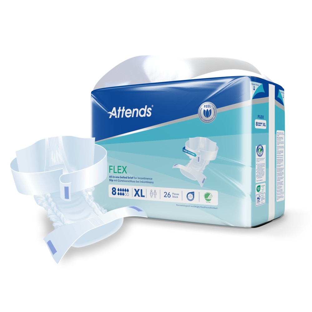 Attends FLEX Inkontinenzprodukte sind in einem blauen Karton präsentiert. Ein einzelner Slip ist zur Seite herausgeklappt. Der Karton enthält 26 Stück in Größe XL.