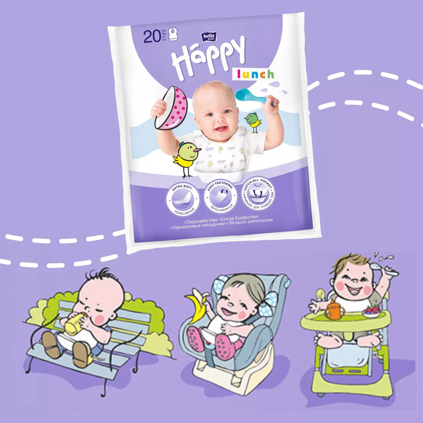 Ein Verpackungsdesign für Einmal-Lätzchen mit dem Titel -Happy Lunch-. Es zeigt ein lächelndes Baby, umgeben von cartoonhaften Abbildungen fröhlicher Kinder, die essen. Die Farbpalette ist lila und hell.