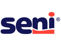 Seni ist ein Markenlogo in blauer Schrift mit einem roten Akzent. Der Schriftzug ist modern und klar gestaltet, ideal für Produkte im Bereich Inkontinenz und medizinische Versorgung.
