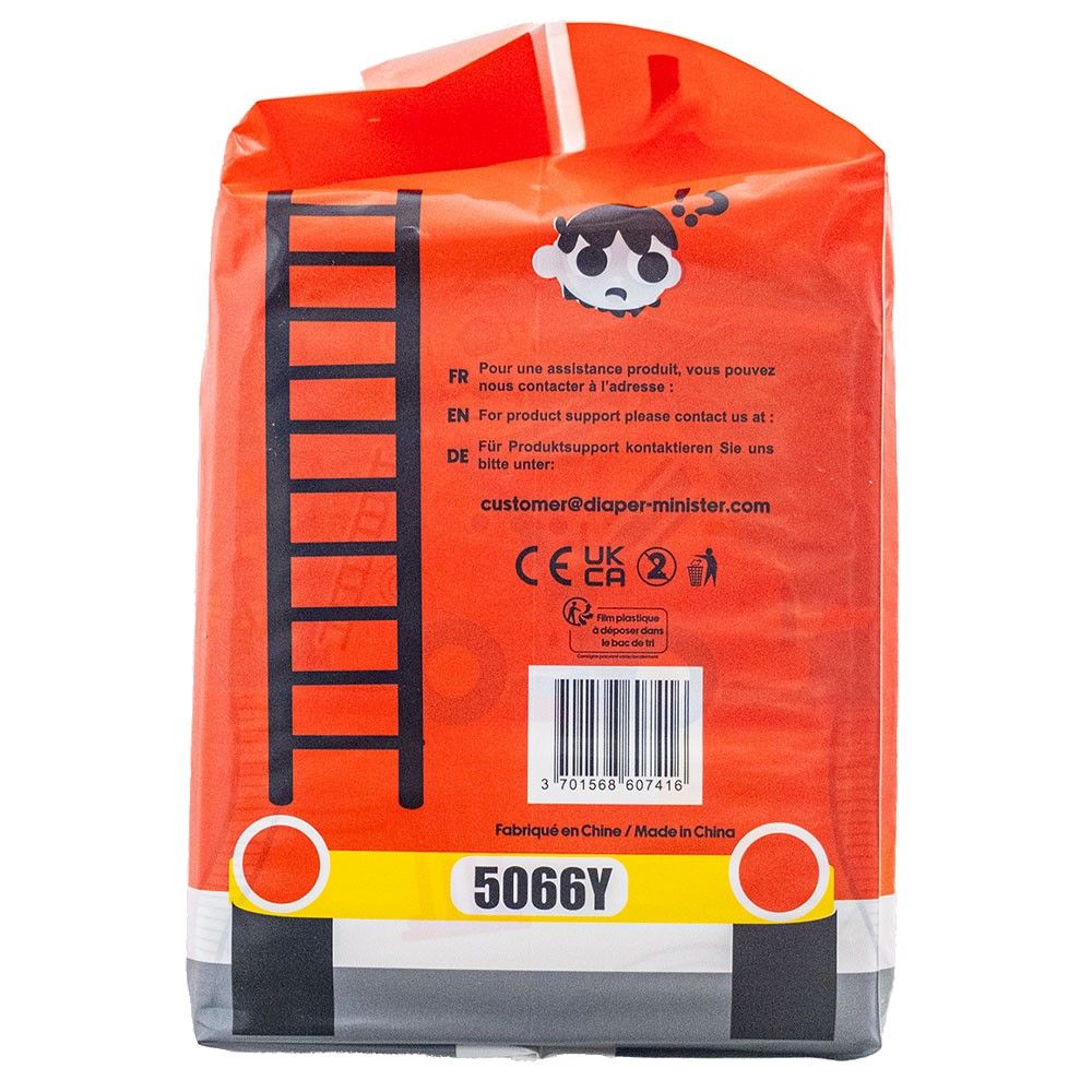 Roter Verpackungsrücken mit einem Bild einer Leiter und einer cartoonartigen Figur. Diverse Kontaktinformationen und Hinweise in mehreren Sprachen, darunter Deutsch. Barcode und Herstellungsinformationen am unteren Rand.