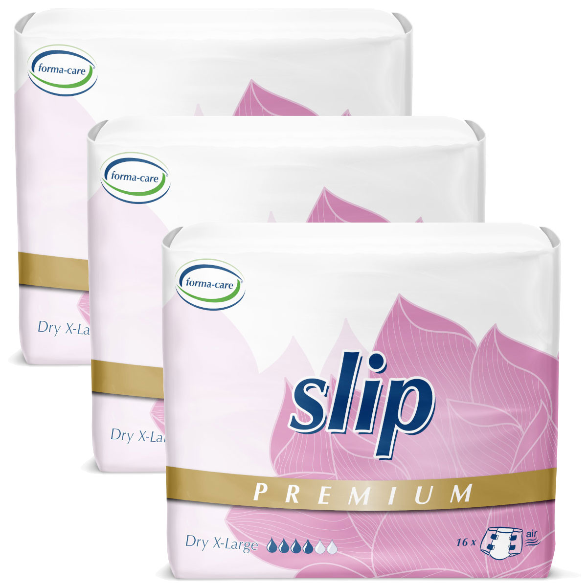 Drei Packungen Inkontinenzprodukte sind übereinander angeordnet. Jede Packung hat ein weißes Design mit rosa Elementen, dem Schriftzug -slip PREMIUM- und der Angabe -Dry X-Large-.