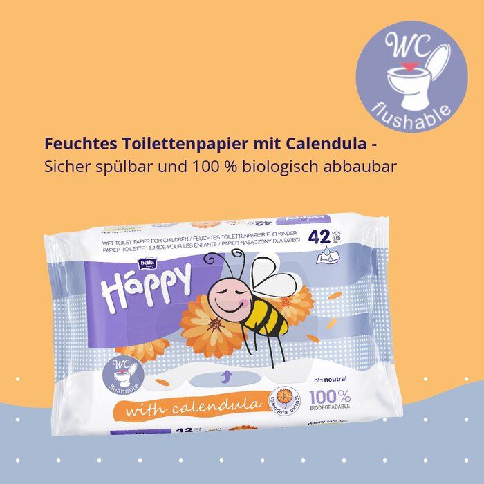 Feuchtes Toilettenpapier mit Kalendula in einer bunten Verpackung. Die Vorderseite zeigt eine fröhliche Biene und orangefarbene Blumen, umgeben von einem hellen, einfarbigen Hintergrund. Es ist spülbar und biologisch abbaubar.