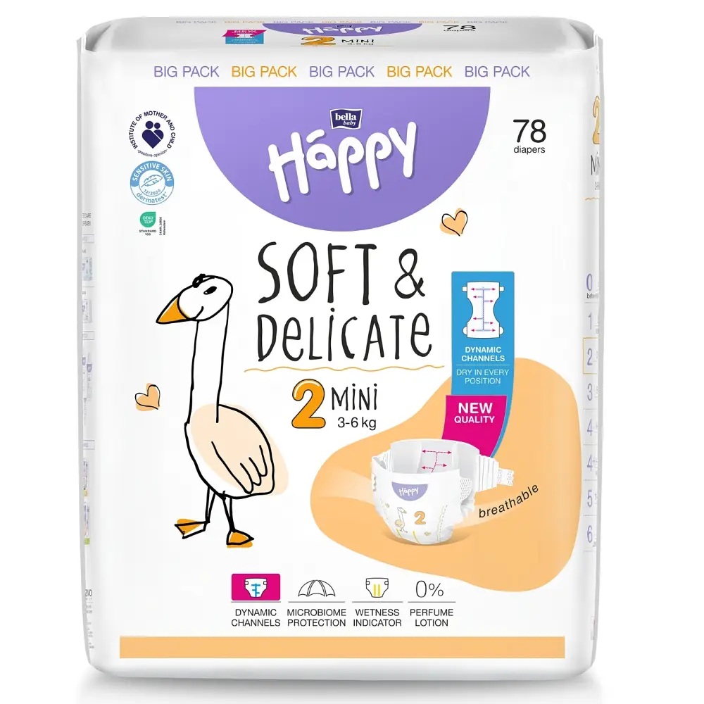 Verpackung von Windeln mit einem bunten Design. Vorn ist ein lustiger Vogel abgebildet. Die Windeln sind für Babys von 3-6 kg gedacht, es sind 78 Stück enthalten. Informationen zu Merkmalen sind sichtbar.