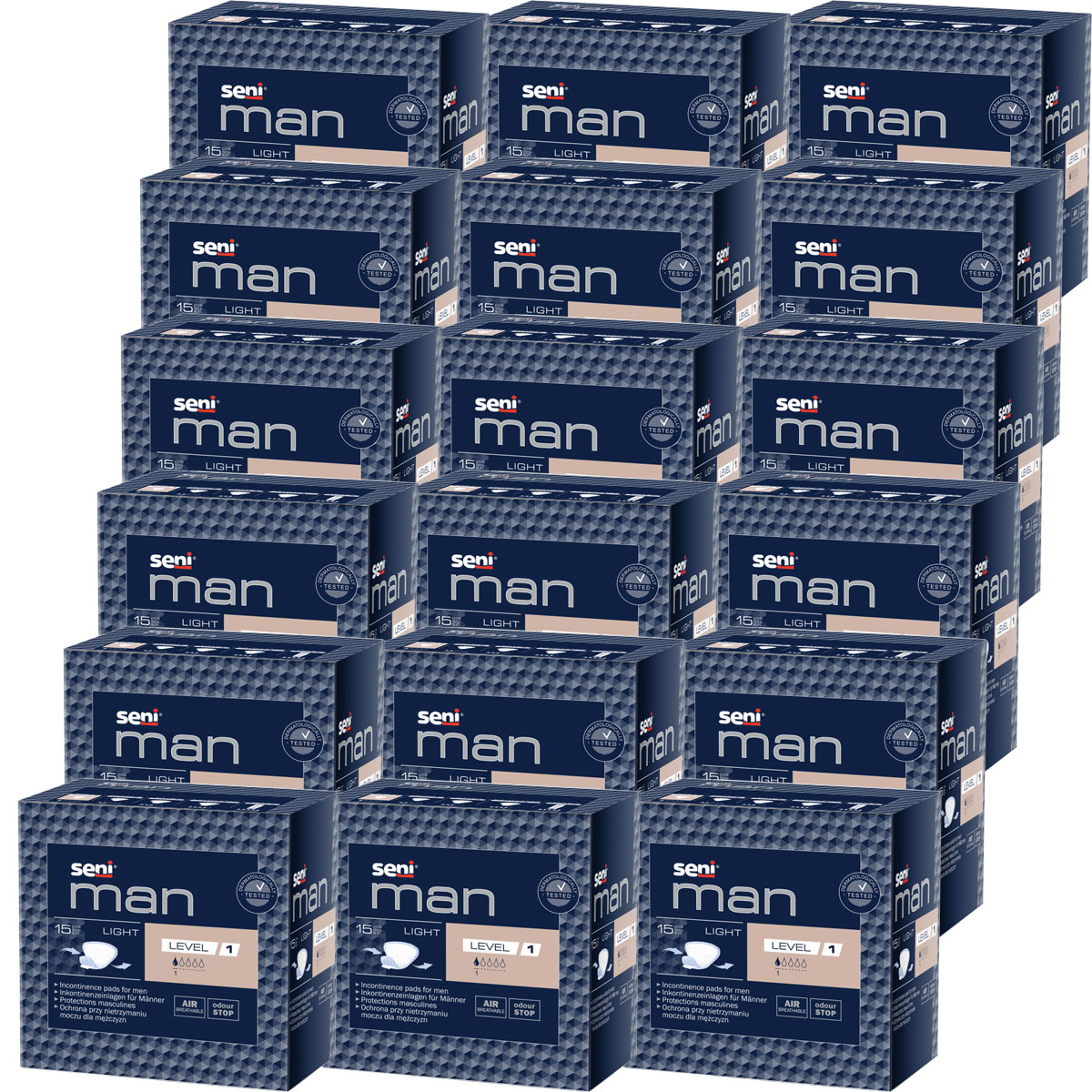 Verschiedene Packungen Seni Man Light in einer gestapelten Anordnung. Jede Packung enthält 15 Inkontinenzprodukte für Männer, gekennzeichnet mit dem Hinweis -LEVEL 1- und weiteren Produktinformationen. Der Hintergrund ist neutral.