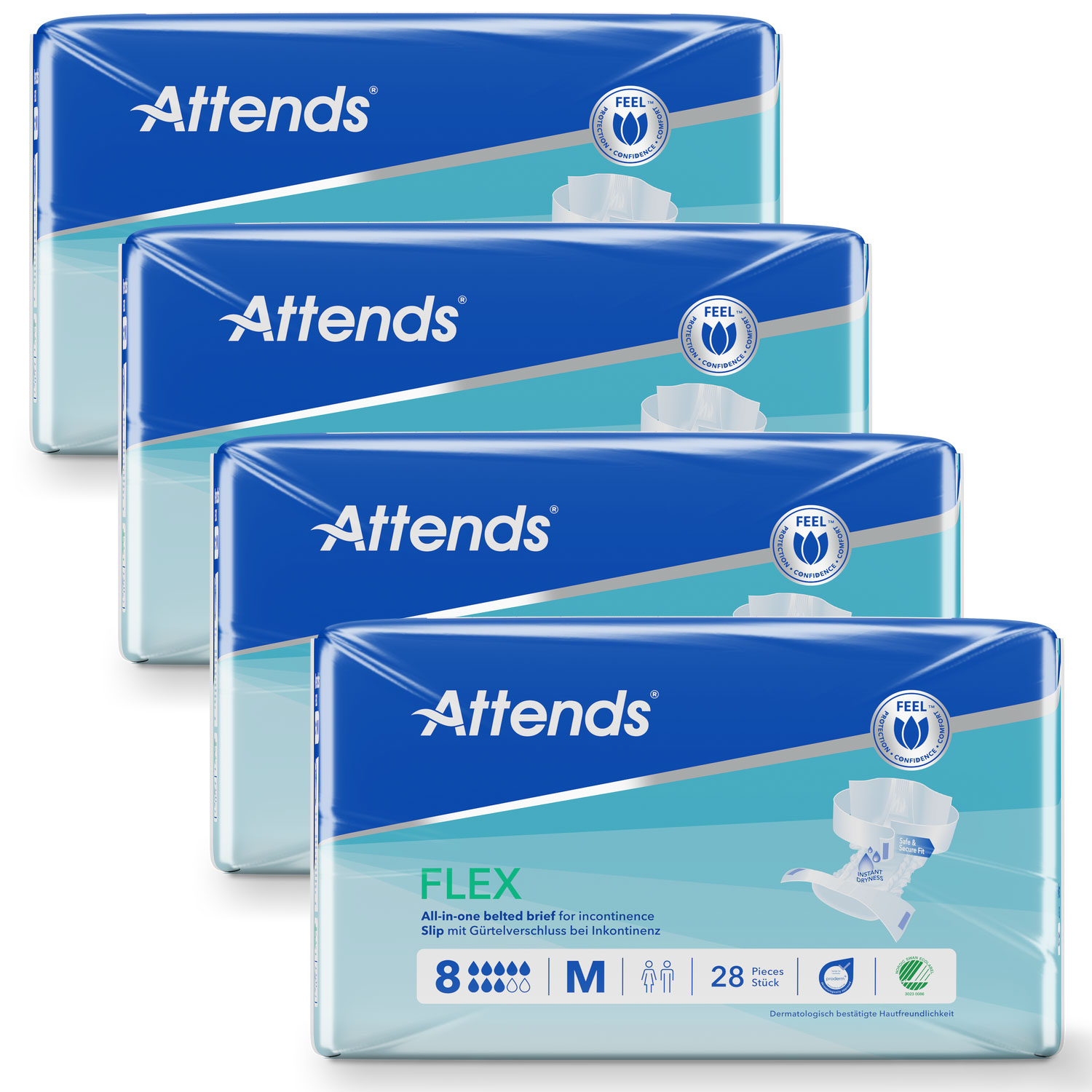 Attends FLEX Inkontinenzprodukte in vier Packungen. Jede Packung zeigt den Schriftzug -Attends- und die Beschreibung -All-in-one belted brief for incontinence- mit einer Abbildung. Darunter steht -28 Stück- und Hinweise zur Hautfreundlichkeit.