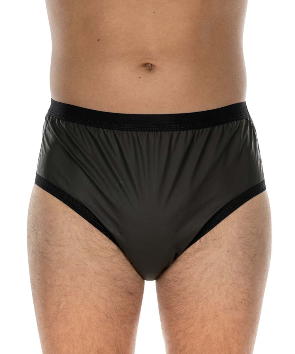 Dunkelgraue, elastische Unterwäsche mit breitem, schwarzem Bund. Die Vorderseite ist glatt und glänzend, während der Hintergrund hell ist. Der Fokus liegt auf der Anwendung der Unterwäsche.