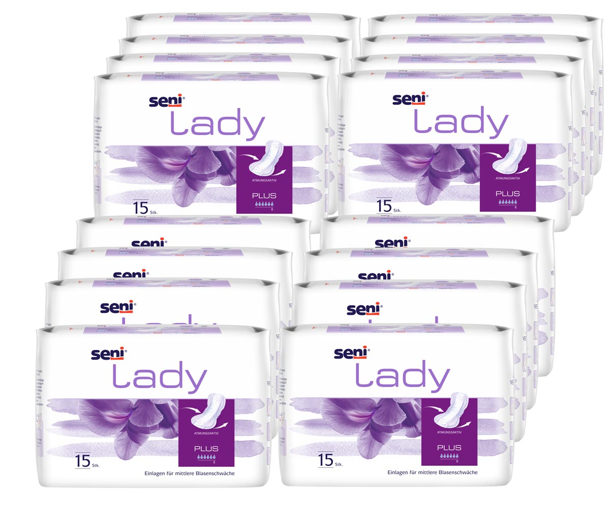 Produktverpackungen von Seni Lady Plus liegen gestapelt. Jede Packung enthält 15 Einlagen für mittlere Blasenschwäche und zeigt eine lila Blume sowie den Hinweis -Atmungsaktiv-.