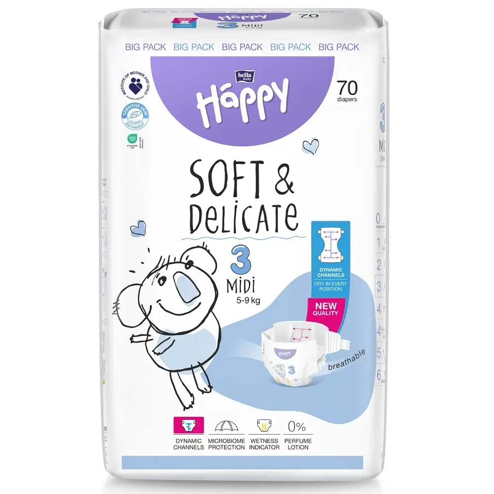 Ein Paket mit 70 Windeln der Marke Happy. Es ist großzügig dimensioniert, mit einem niedlichen Koala-Design und dem Text -SOFT &amp; DELICATE-. Die Größe 3 ist für 5-9 kg ausgelegt.