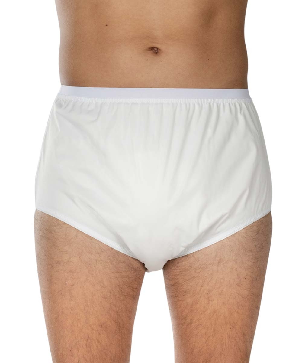 Weiße, elastische Unterwäsche für Erwachsene mit breitem Bund. Der Stoff ist glatt und leicht glänzend. Der Hintergrund ist neutral und lässt das Produkt klar hervortreten.