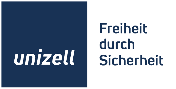 Ein Logo mit einem blauen Quadrat und dem Schriftzug -unizell- in Weiß. Daneben steht -Freiheit durch Sicherheit- in dunklerer Schrift. Der Hintergrund ist hell.
