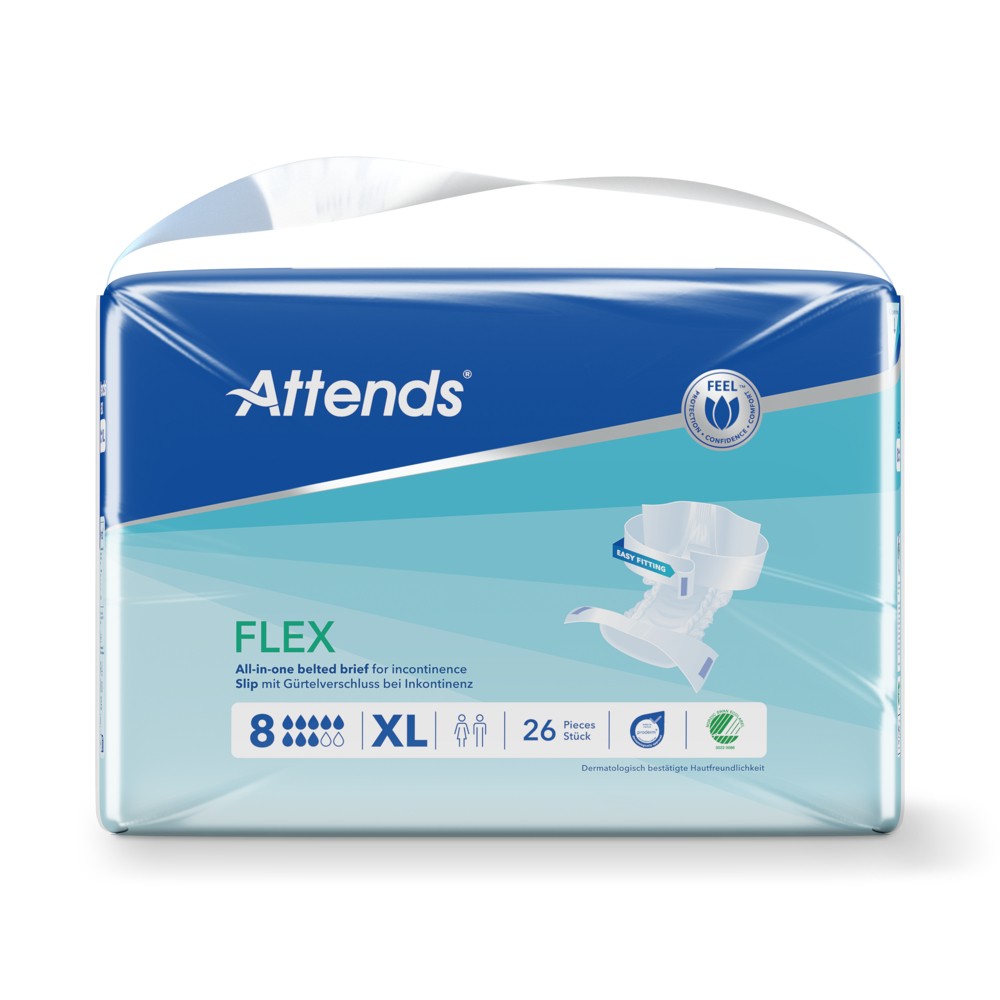 Eine Verpackung von Attends Flex, die Inkontinenzprodukte enthält. Sie zeigt eine blaue und helle Gestaltung mit Informationen zu Größe (XL), Stückzahl (26) und einem Bild eines Produkts mit Gürtelverschlüssen.