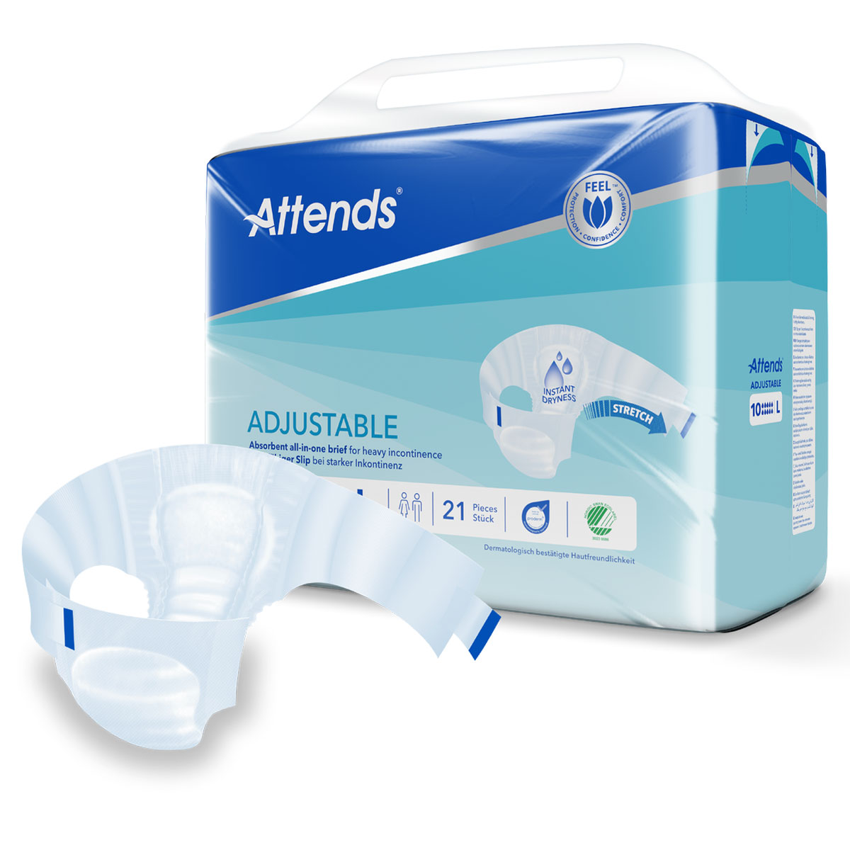 Absorbierender, einteiliger Inkontinenzslip von Attends. Präsentiert wird er mit einem transparenten, biegsamen Design auf einem blauen Verpackungshintergrund mit dem Schriftzug -ADJUSTABLE- und Informationen zur Produktqualität.