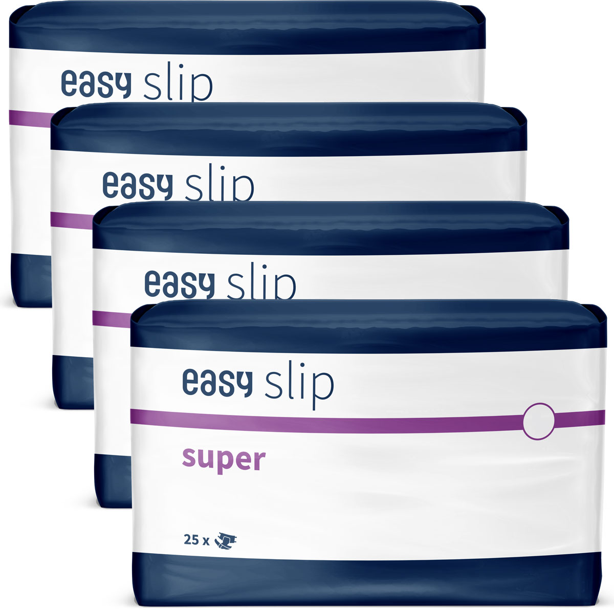 Vier Packungen von -easy slip- Inkontinenzprodukten sind gestapelt. Jede Packung hat einen weißen Hintergrund mit blauen und lila Akzenten. Textangaben: -easy slip-, -super-, -25 x-.