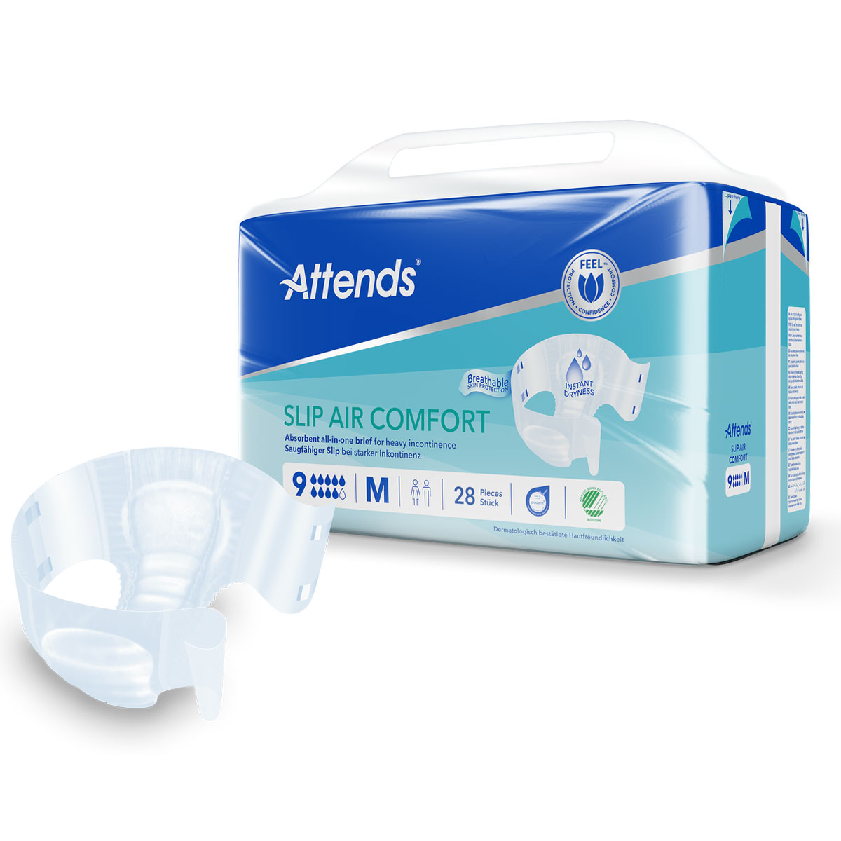Absorbierende Einwegwindel von Attends, Modell Slip Air Comfort, liegt neben der Verpackung. Die Packung zeigt das Produktdesign und enthält 28 Stück in Größe M für starke Inkontinenz.