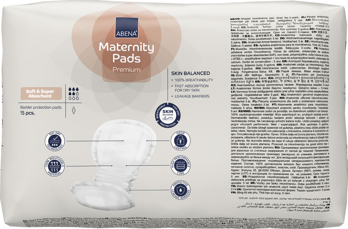 Maternity Pads in Premium Qualität, verpackt mit 15 Stück. Weich, super saugfähig, atmungsaktiv und mit Eigenschaften wie Geruchskontrolle und Schutzbarrieren. Umgeben von einer neutralen Hintergrundgestaltung.