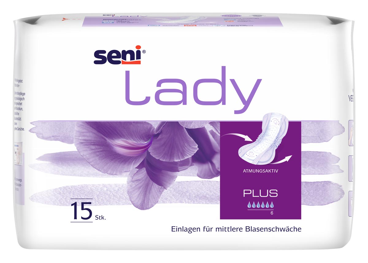 Seni Lady Einlagenpaket für Frauen, fortlaufend mit lila Design und Blütenmotiv. Es sind 15 Stück enthalten, geeignet für mittlere Blasenschwäche. Atmungsaktive Eigenschaften werden betont.