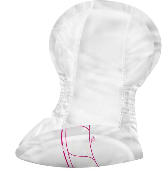 Ein weißer Inkontinenzschutz ist auf einem weißen Hintergrund abgebildet. Er hat elastische Ränder und eine pinkfarbene, stilisierte Linie auf der Oberfläche.