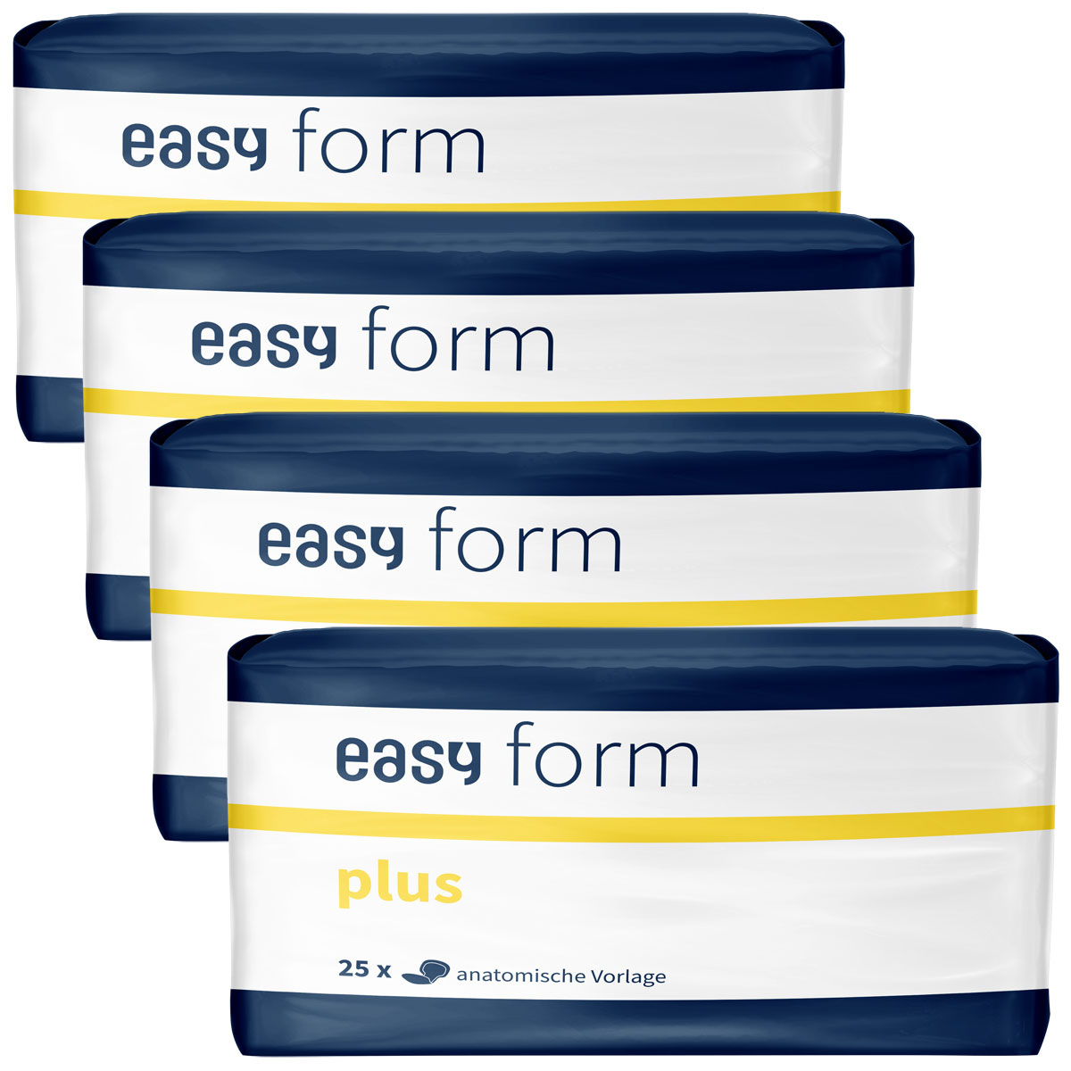 Vier Packungen mit dem Produkt -easy form plus- sind gestapelt. Jede Packung enthält 25 Stück und ist mit einem blauen und gelben Design gestaltet.