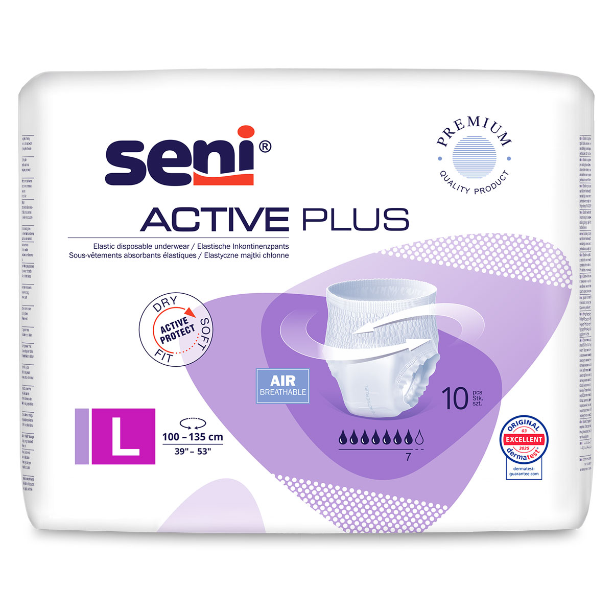 Seni Active Plus Inkontinenzslips in der Größe L, verpackt in einer weißen Tüte mit lilanen Akzenten. Es sind 10 Stück enthalten, die als elastisch, atmungsaktiv und weich beschrieben werden.