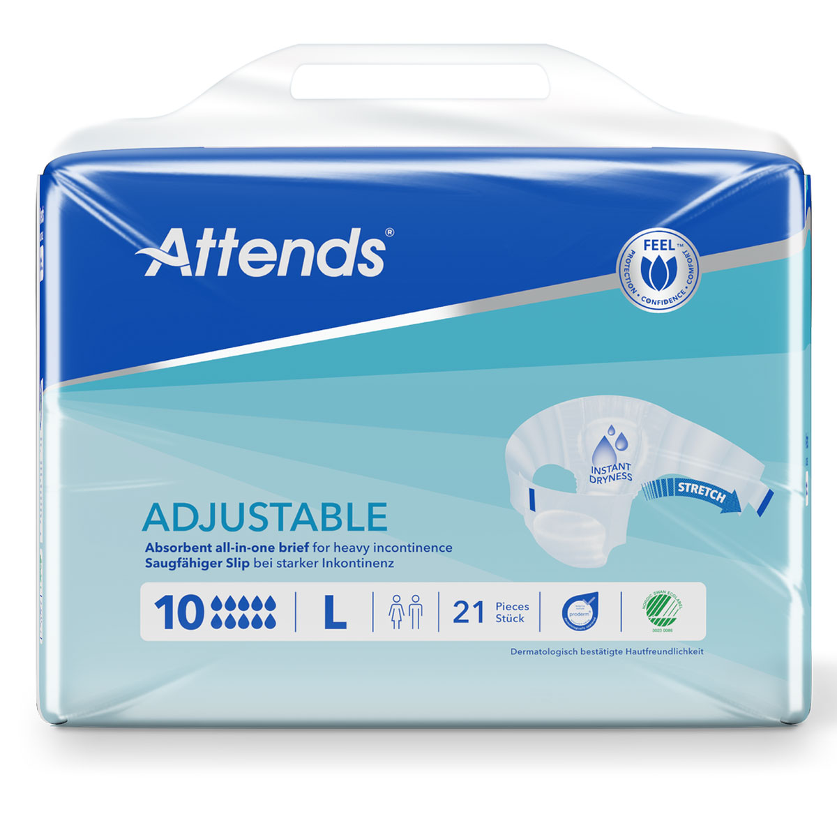Verpackung eines Inkontinenzproduktes mit der Aufschrift -Attends Adjustable-. Es zeigt die Merkmale, einschließlich -Absorbent all-in-one brief for heavy incontinence- und -Saugfähiger Slip bei starker Inkontinenz-. Enthält 21 Stück in Größe L.