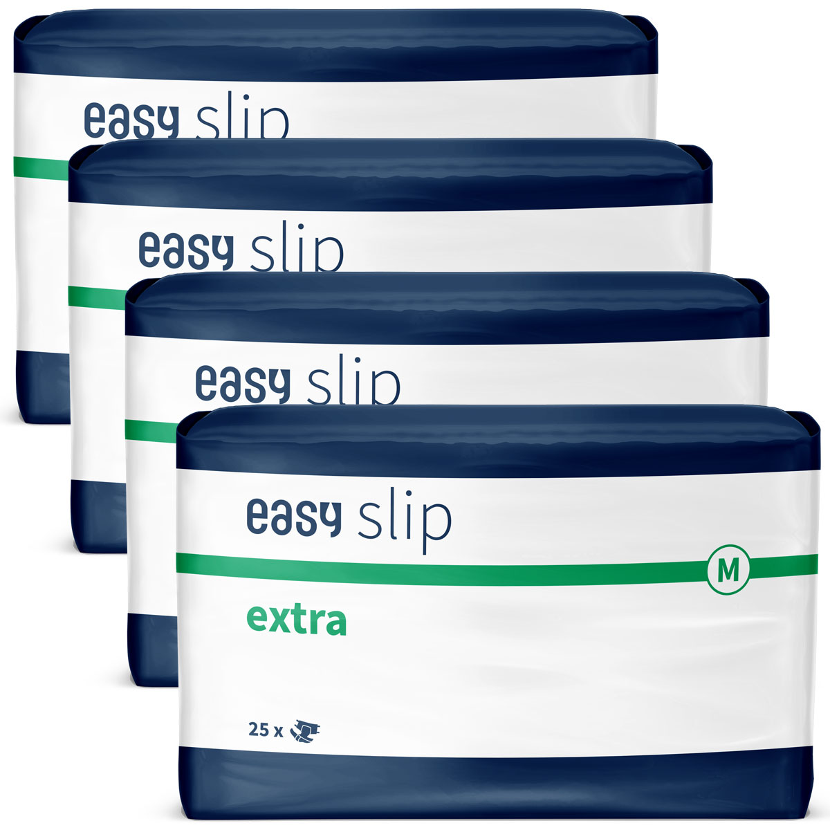 Vier Packungen mit Inkontinenzprodukten der Marke -easy slip-. Die Verpackungen sind blau-weiß mit grüner Schrift und markieren die Größe -M- sowie -extra-, jeweils für 25 Stück.